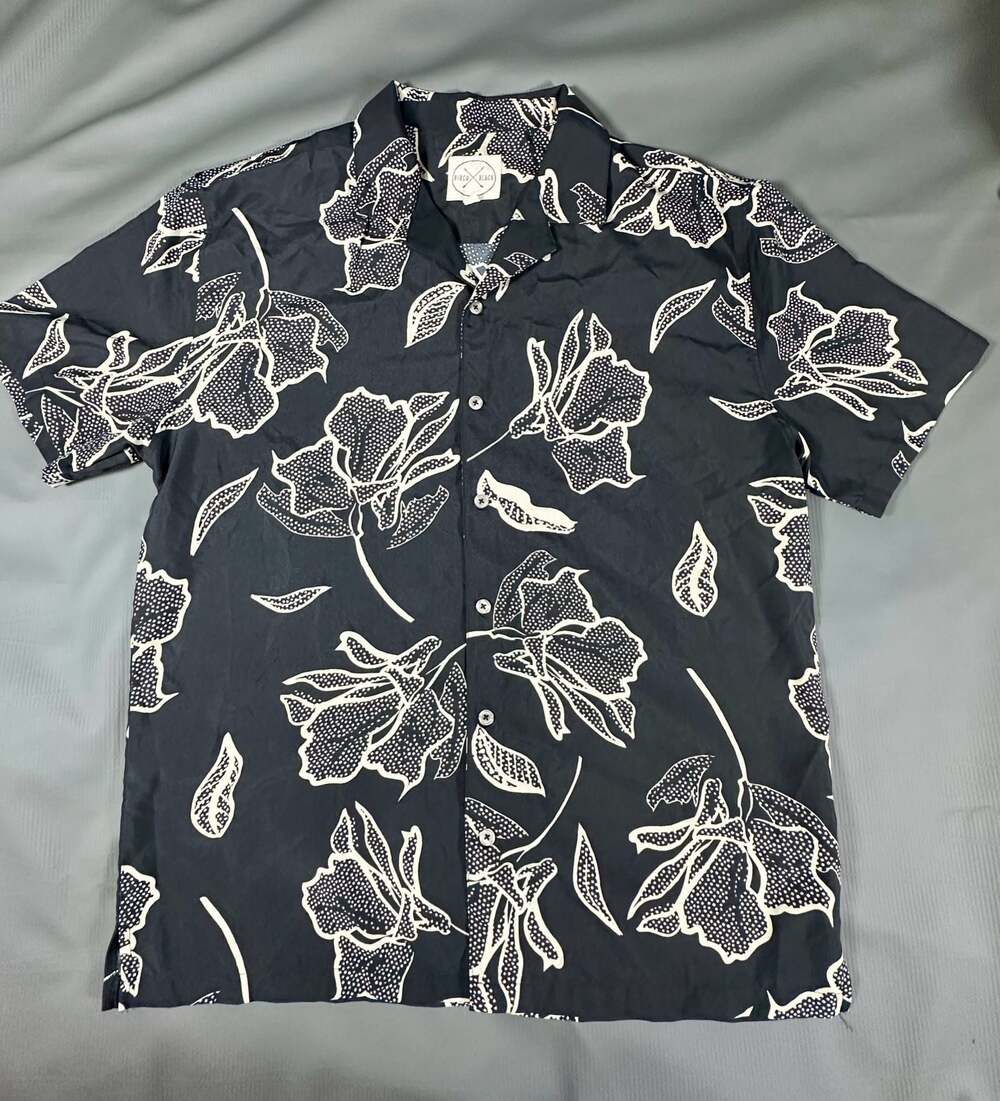 Birch Black black and white floral textured resort shirt in black